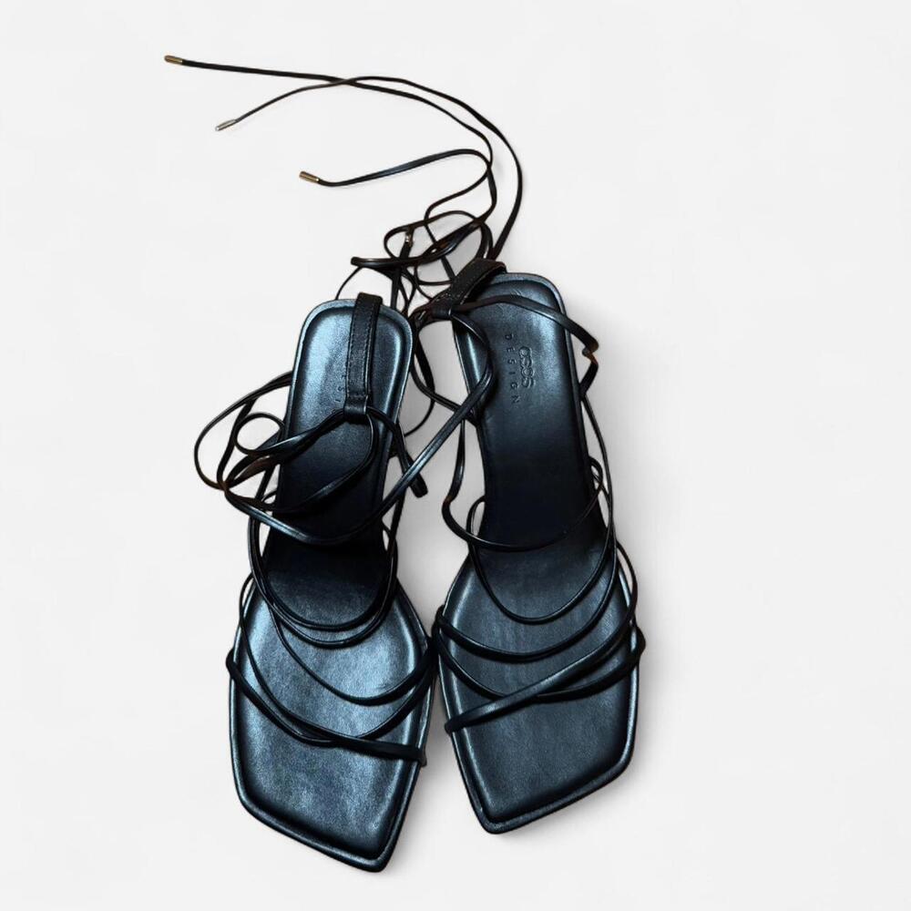 ASOS DESIGN Wide Fit Hiccup strappy tie leg mid heeled sandals in black